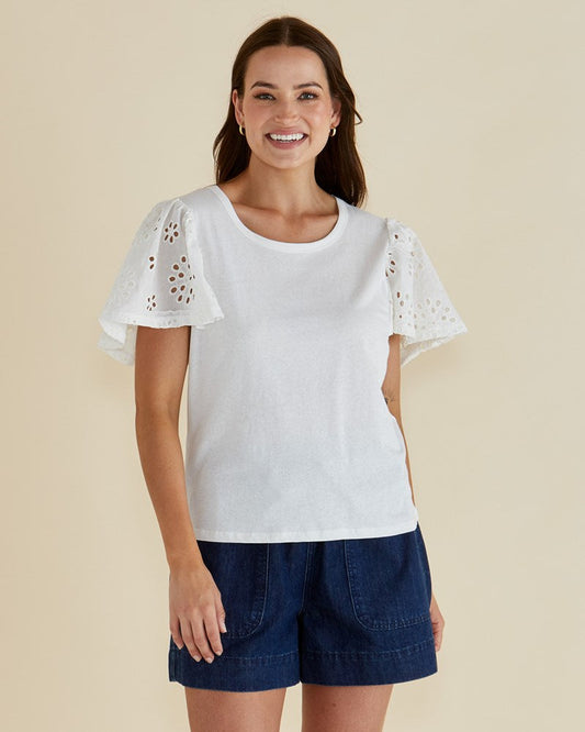 Image of a model wearing Tops. Productname: Betty Basics Lottie Embroidered Tee White in White colour by brand - Betty Basics