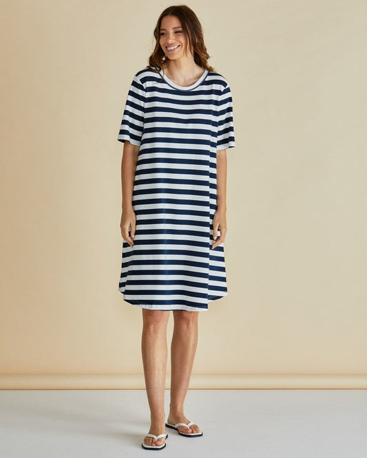 Image of a model wearing Tops. Productname: Betty Basics Eloise T-Shirt Dress Navy Stripe in Navy Stripe colour by brand - Betty Basics