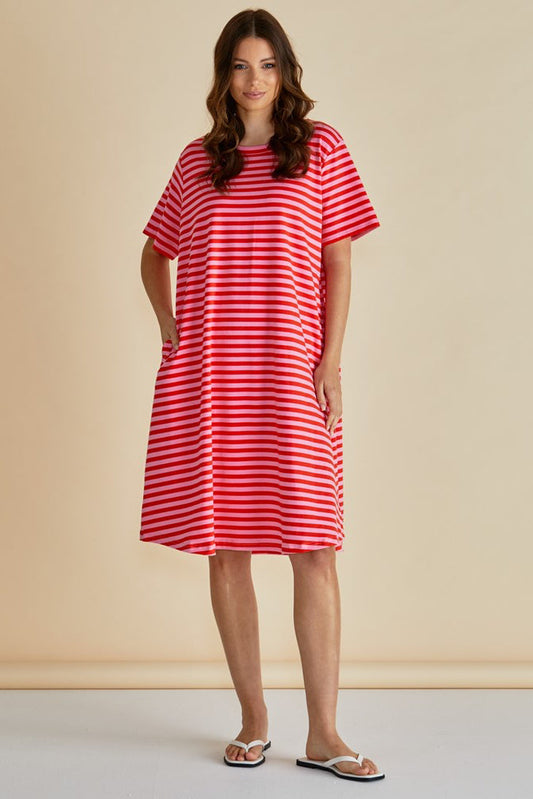 Image of a model wearing Tops. Productname: Betty Basics Eloise T-Shirt Dress Pink/Red Stripe in Pink/Red Stripe colour by brand - Betty Basics