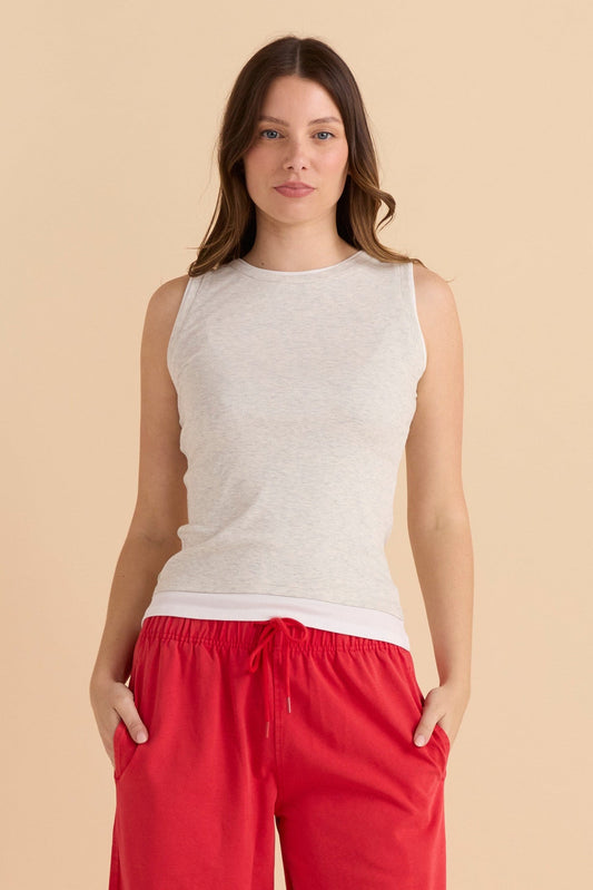 Image of a model wearing Tops. Productname: Betty Basics Thea Tank Top Grey Marle in Grey Marle colour by brand - Betty Basics