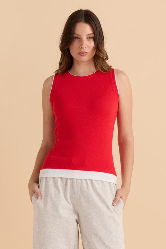 Image of a model wearing Tops. Productname: Betty Basics Thea Tank Top Red in Red colour by brand - Betty Basics