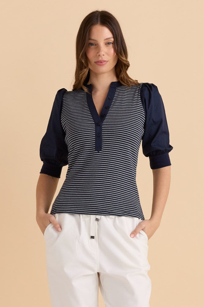 Image of a model wearing Tops. Productname: Betty Basics Ralph Rib Top Navy Stripe in Navy Stripe colour by brand - Betty Basics