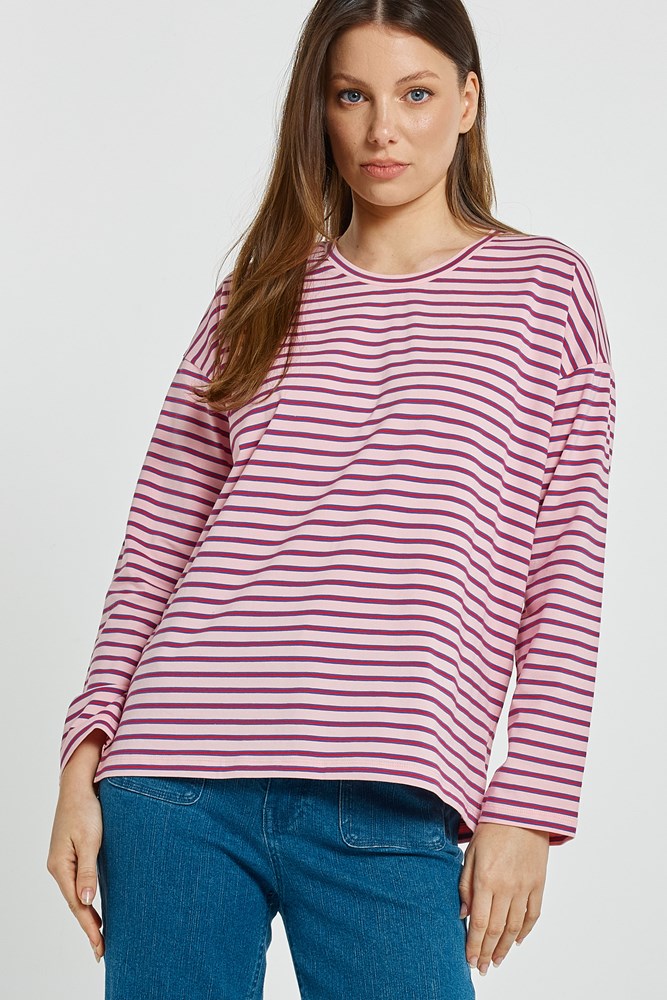 Image of T-Shirts. Product name - Vienna Tee Pink/Purple/Red Stripe in Pink/Purple/Red Stripe colour by brand - Betty Basics