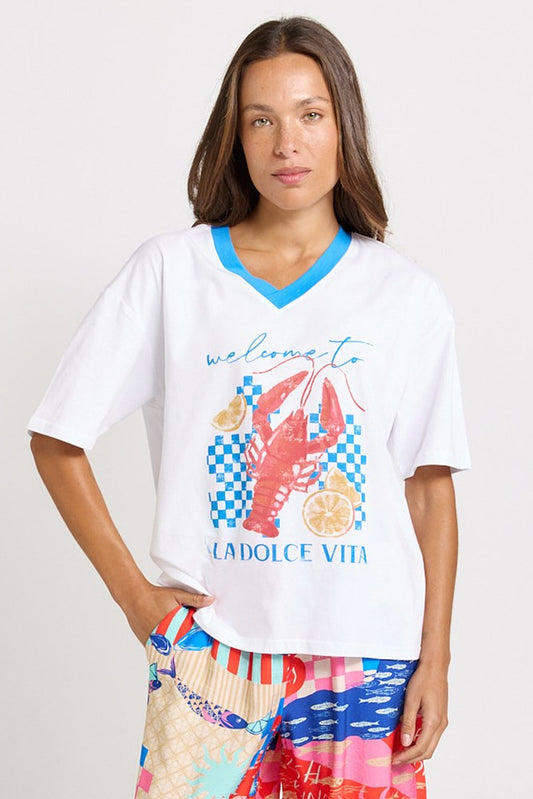 Betty Basics V-Neck Boxy Cotton Tee (La Dolce Vita Print)