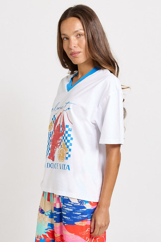 Betty Basics V-Neck Boxy Cotton Tee (La Dolce Vita Print)