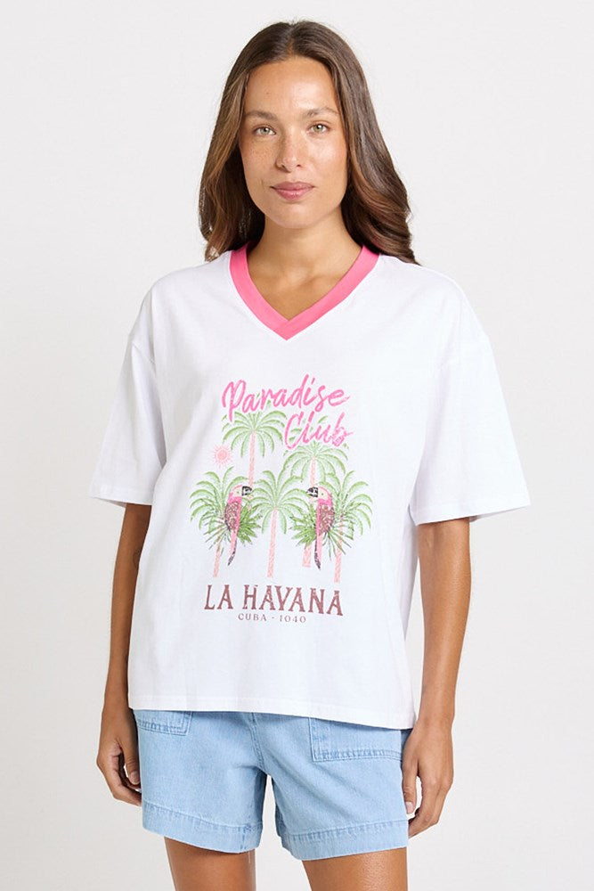Betty Basics V-Neck Boxy Cotton Tee (Paradise Club Print)