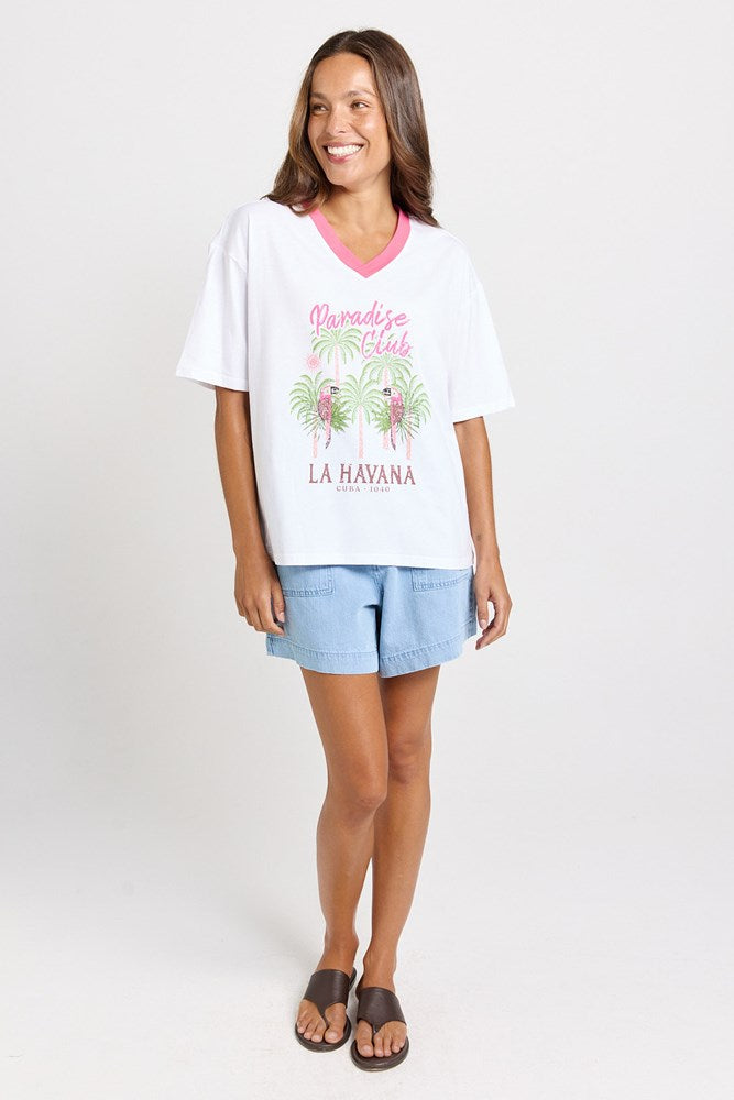 Betty Basics V-Neck Boxy Cotton Tee (Paradise Club Print)