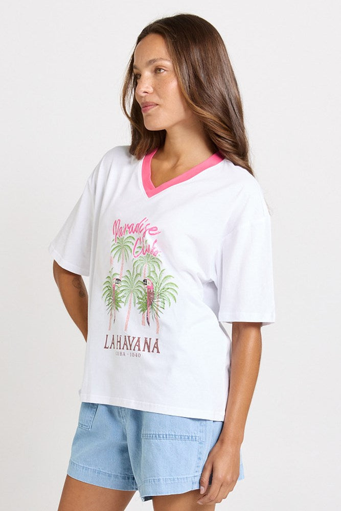 Betty Basics V-Neck Boxy Cotton Tee (Paradise Club Print)