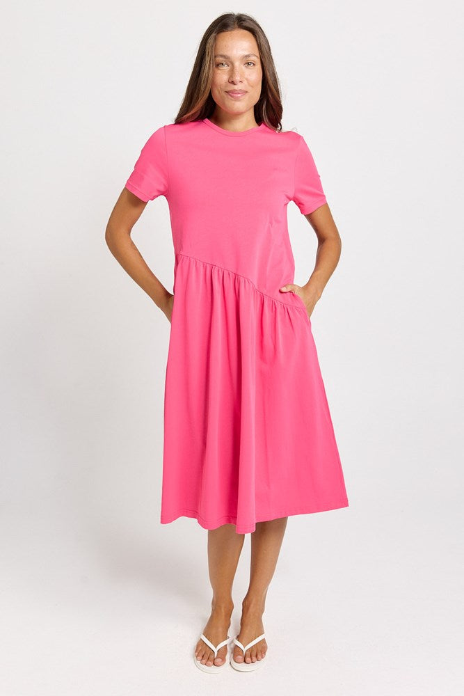 Image of Dresses. Product name - Ava Asymmetrical Cotton Midi Dress Pink in Pink colour by brand - Betty Basics