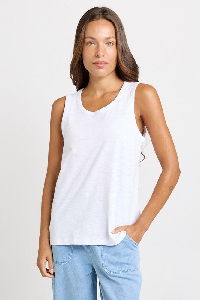 Image of a model wearing Tops. Product name - Rory Cotton Slub Tank White in White colour by brand - Betty Basics