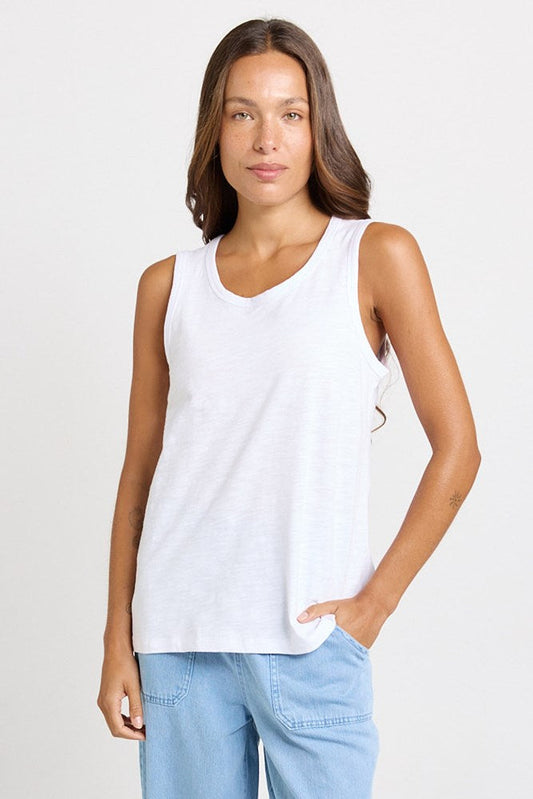 Image of a model wearing Tops. Product name - Rory Cotton Slub Tank White in White colour by brand - Betty Basics