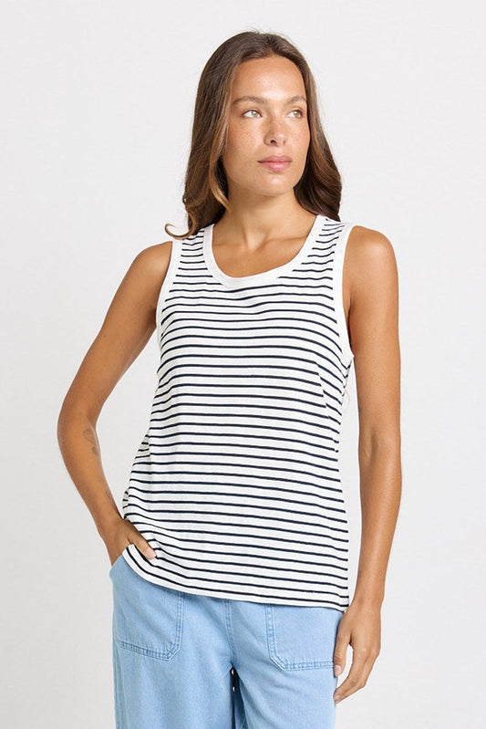 Image of a model wearing Tops. Product name - Rory Cotton Slub Tank White/Navy Stripe in White/Navy Stripe colour by brand - Betty Basics