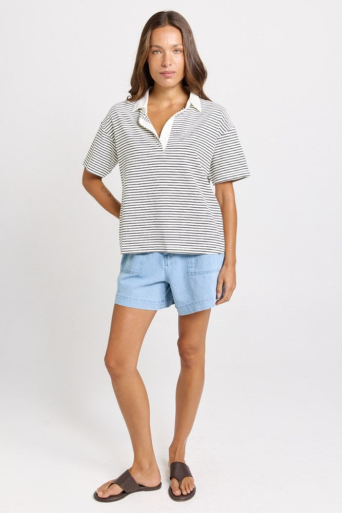 Betty Basics Freddy Cotton Polo Top (White/Navy Stripe)