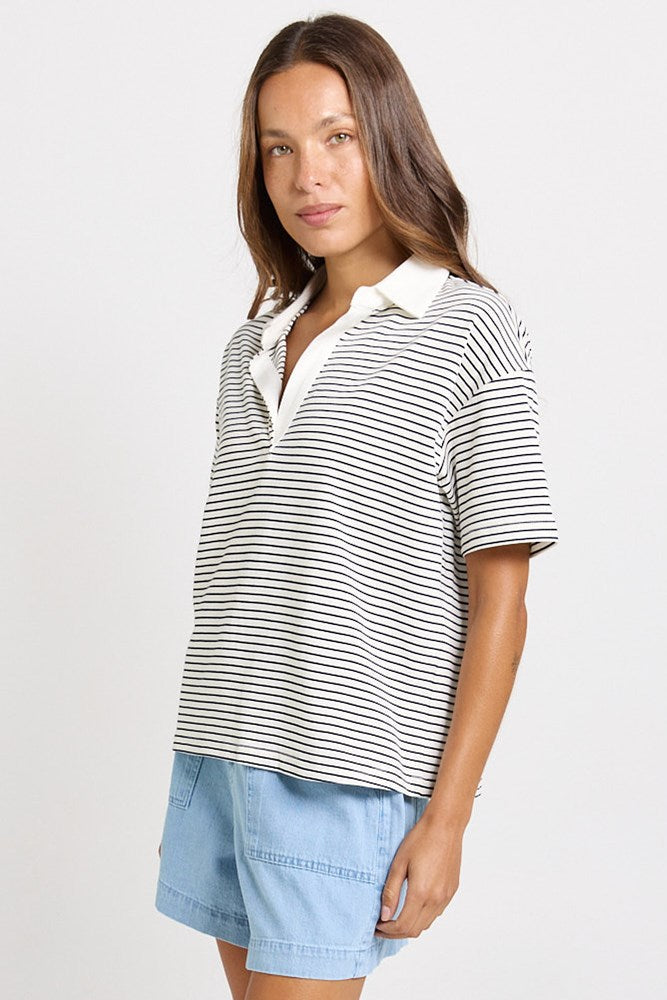 Betty Basics Freddy Cotton Polo Top (White/Navy Stripe)