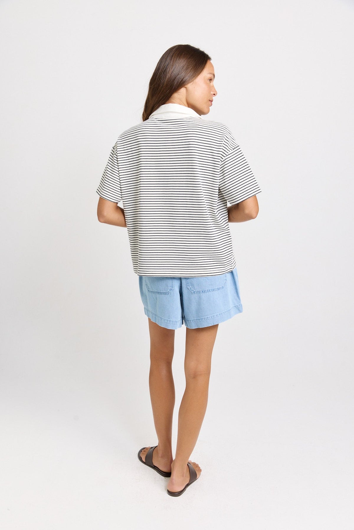 Betty Basics Freddy Cotton Polo Top (White/Navy Stripe)
