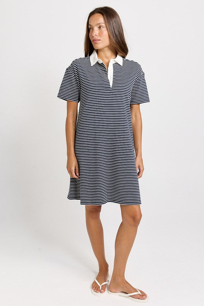 Betty Basics Freddy Cotton Polo Dress (Navy/White Stripe)