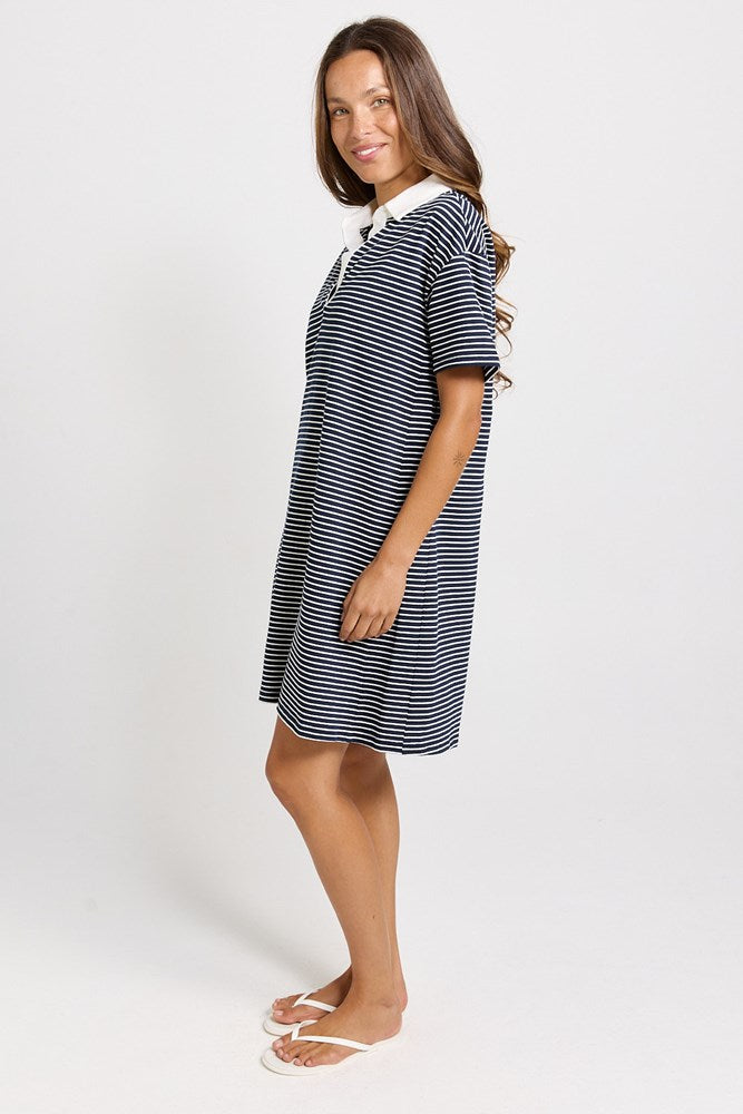 Betty Basics Freddy Cotton Polo Dress (Navy/White Stripe)