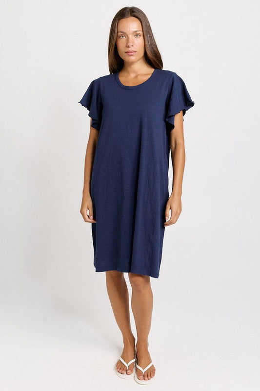 Image of Dresses. Product name - Celene Frill Sleeve T-Shirt Dress Navy in Navy colour by brand - Betty Basics