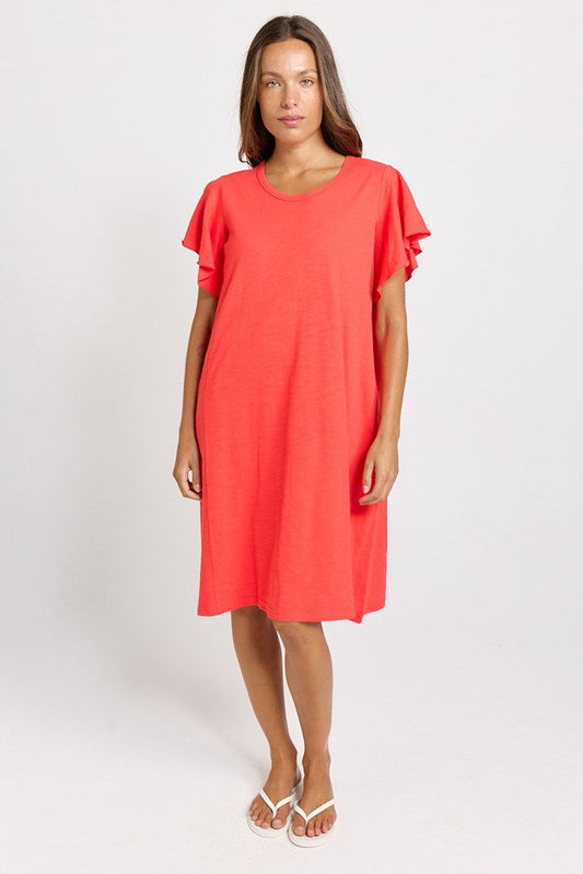 Image of Dresses. Product name - Celene Frill Sleeve T-Shirt Dress Red in Red colour by brand - Betty Basics
