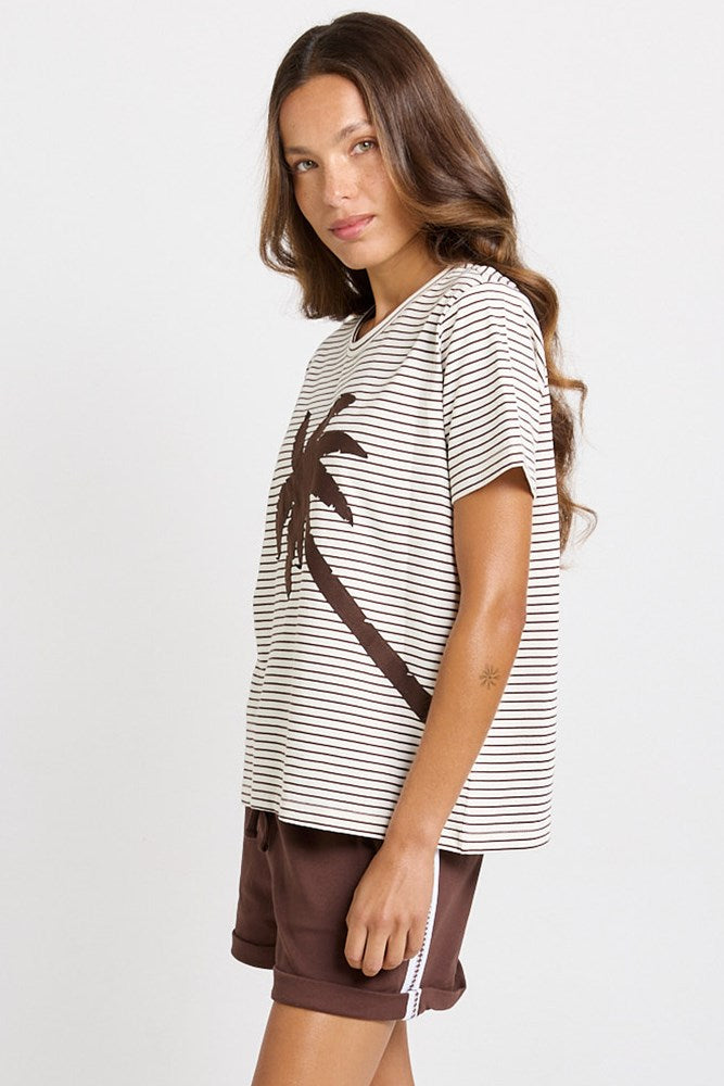 Betty Basics Tibby Palm Print Tee (Chocolate Stripe)