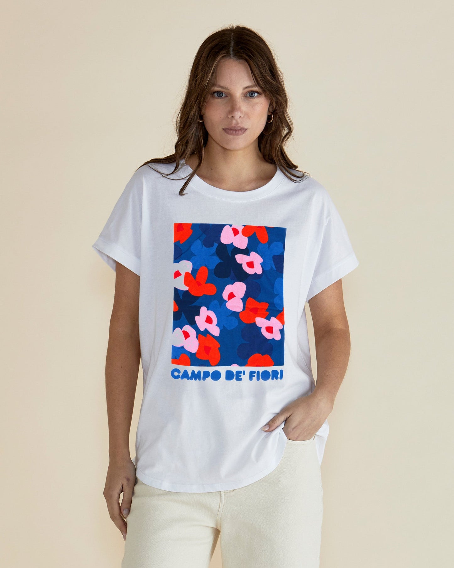 Image of a model wearing Tops. Productname: Betty Basics Hailey Short Sleeve Tee Campo De' Fiori Print in Campo De' Fiori Print colour by brand - Betty Basics