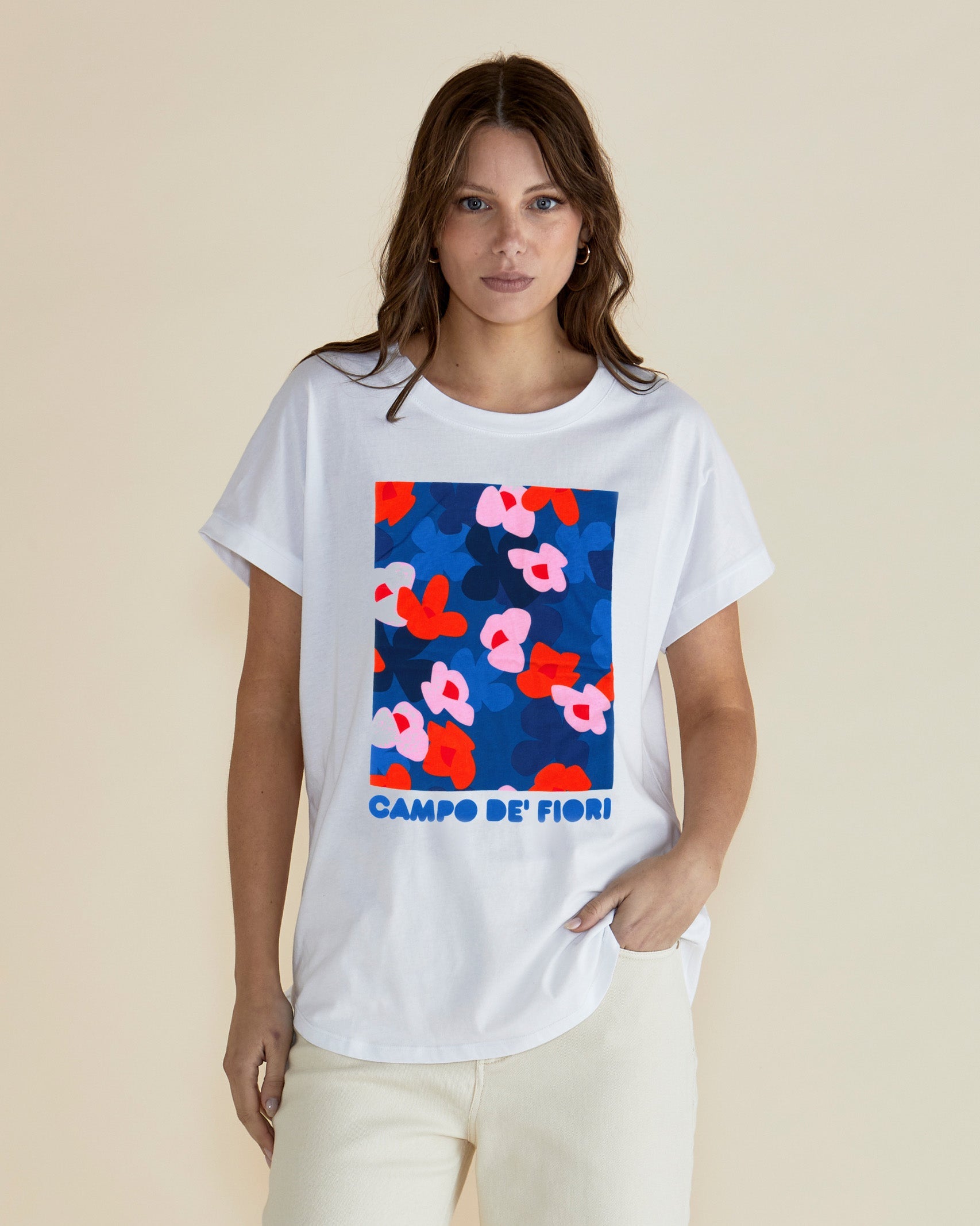 Image of a model wearing Tops. Productname: Betty Basics Hailey Short Sleeve Tee Campo De' Fiori Print in Campo De' Fiori Print colour by brand - Betty Basics
