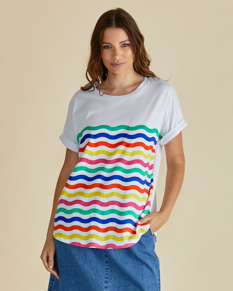 Image of a model wearing Tops. Productname: Betty Basics Hailey Short Sleeve Tee Rainbow Wavy Stripe in Rainbow Wavy Stripe colour by brand - Betty Basics