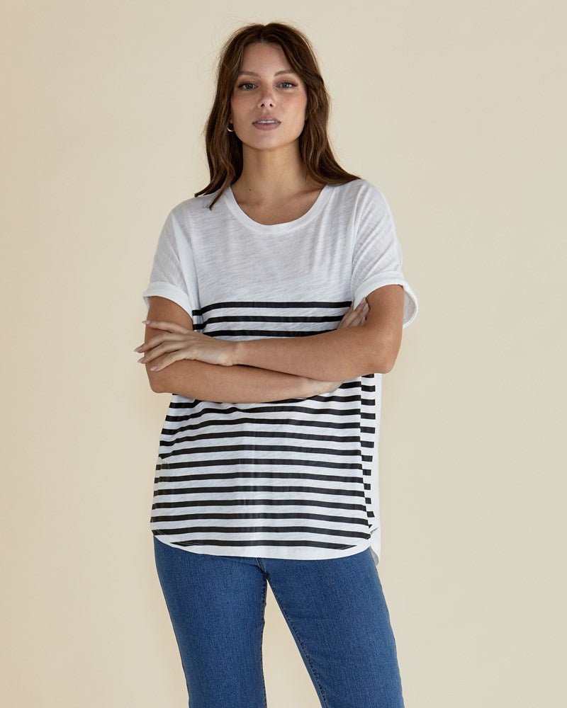 Image of a model wearing Tops. Productname: Betty Basics Hailey Short Sleeve Tee White/Black Stripe in White/Black Stripe colour by brand - Betty Basics