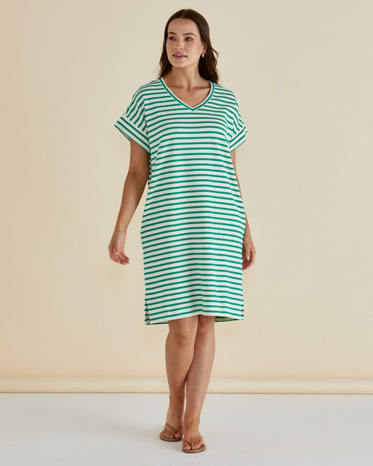 Image of Dresses. Productname: Betty Basics Elise V-Neck Rib Dress Green Stripe in Green Stripe colour by brand - Betty Basics