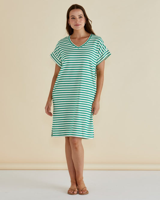 Betty Basics Elise V-Neck Rib Dress (Green Stripe)