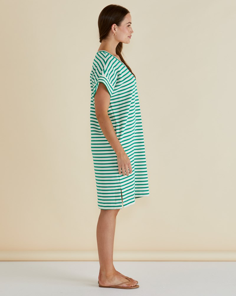 Betty Basics Elise V-Neck Rib Dress (Green Stripe)