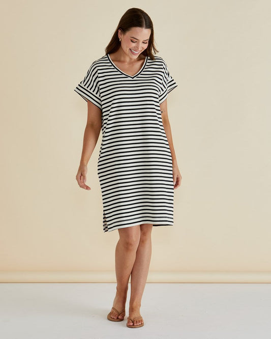 Image of Dresses. Productname: Betty Basics Elise V-Neck Rib Dress White/Black Stripe in White/Black Stripe colour by brand - Betty Basics