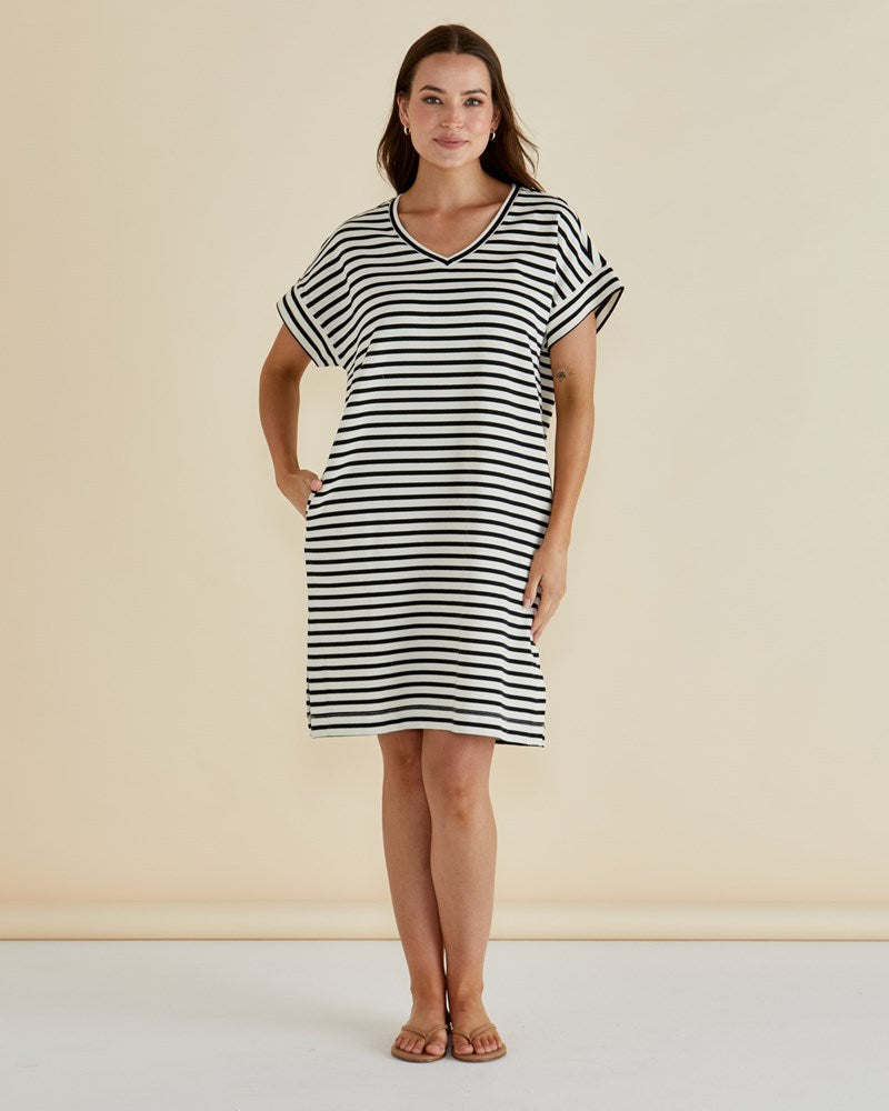 Betty Basics Elise V-Neck Rib Dress (White/Black Stripe)