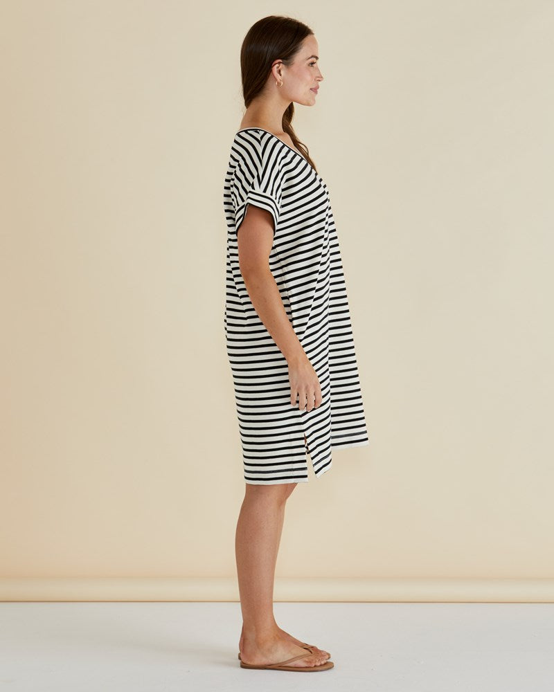 Betty Basics Elise V-Neck Rib Dress (White/Black Stripe)