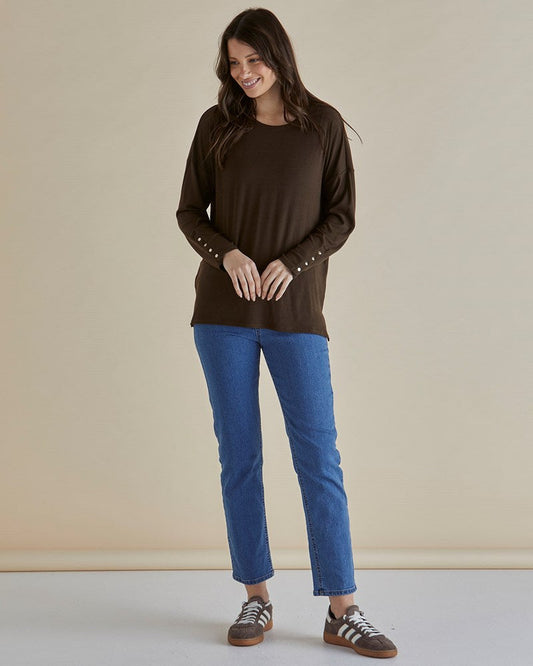 Betty Basics Hendrix Ribbed Long Sleeve Tee (Brown)