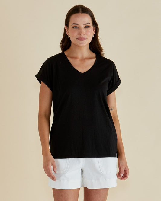 Image of a model wearing Tops. Productname: Betty Basics Ayla V-Neck Tee in Black colour by brand - Betty Basics