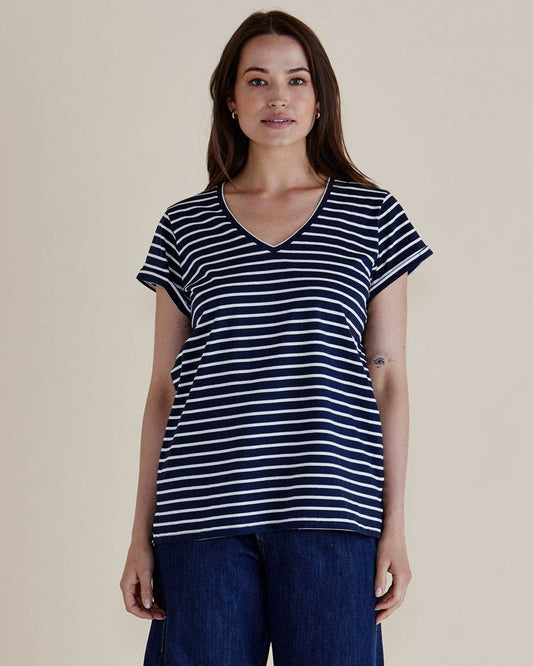 Image of T-Shirts. Product name - Ayla V-Neck Tee in Navy Blue Stripe colour by brand - Betty Basics