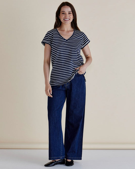 Betty Basics Ayla V-Neck Tee (Navy Blue Stripe)