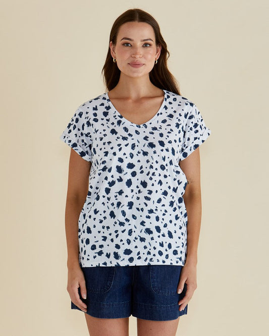Image of a model wearing Tops. Productname: Betty Basics Ayla V-Neck Tee Spot Print in Spot Print colour by brand - Betty Basics