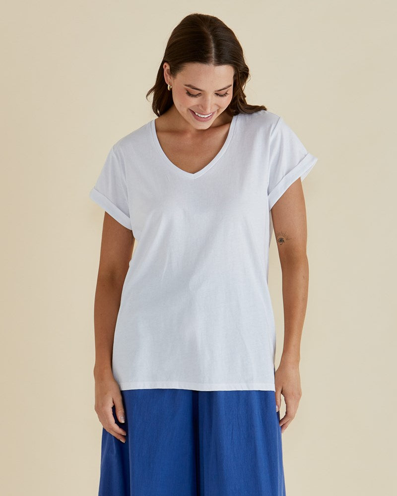 Image of a model wearing Tops. Productname: Betty Basics Ayla V-Neck Tee in White colour by brand - Betty Basics