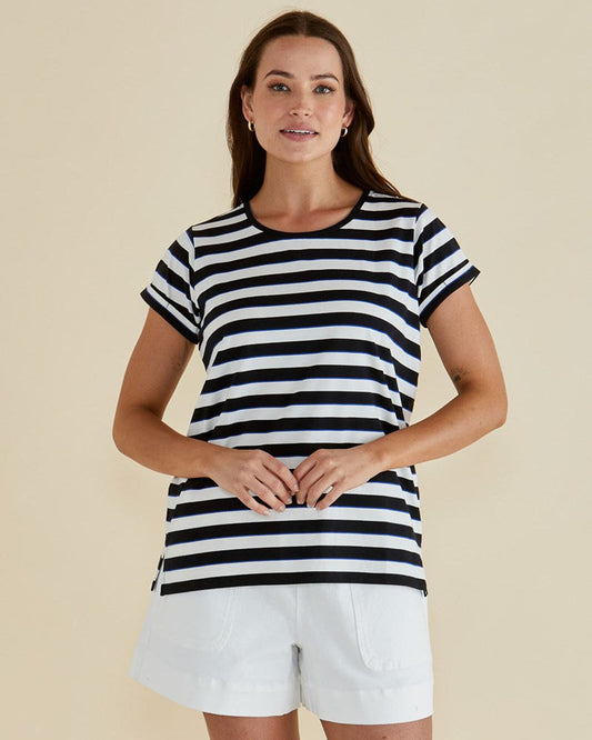 Image of a model wearing Tops. Productname: Betty Basics Caia Crew Tee Blue/Black Stripe in Blue/Black Stripe colour by brand - Betty Basics