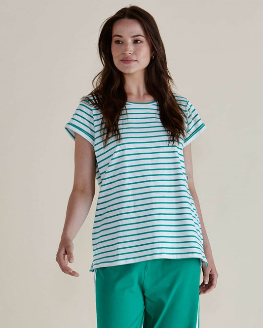 Image of a model wearing Tops. Productname: Betty Basics Caia Crew Tee Green Stripe in Green Stripe colour by brand - Betty Basics