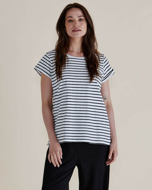 Image of a model wearing Tops. Productname: Betty Basics Caia Crew Tee Black Stripe in Black Stripe colour by brand - Betty Basics