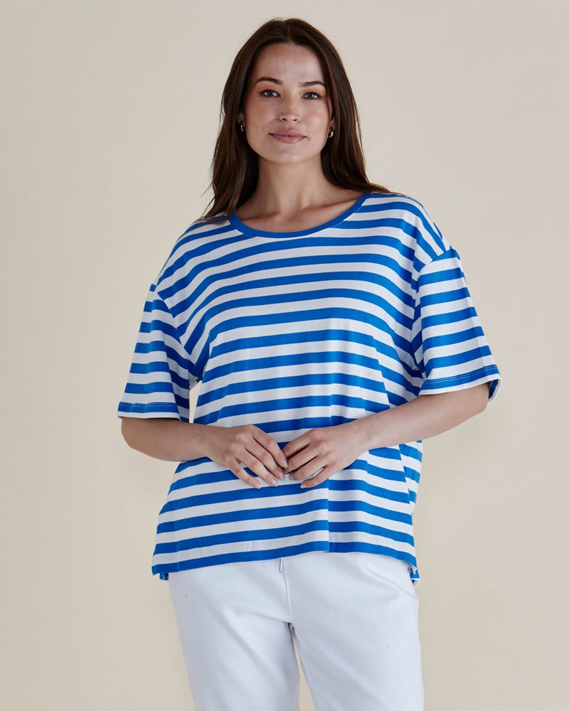 Image of a model wearing Tops. Productname: Betty Basics Relax Boxy Tee Azure Blue Stripe in Azure Blue Stripe colour by brand - Betty Basics