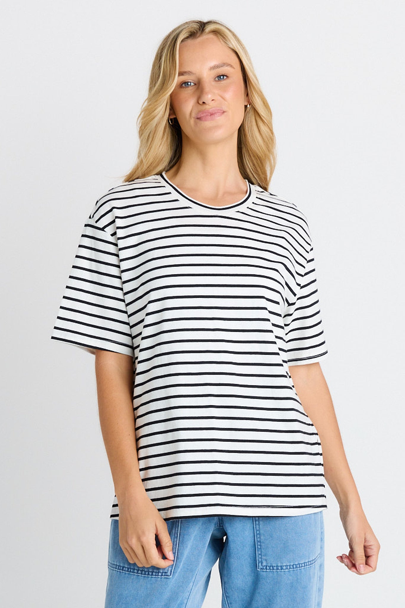 Image of T-Shirts. Product name - Relax Boxy Tee in Black/White Stripe colour by brand - Betty Basics