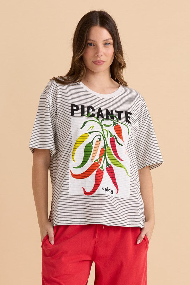 Image of a model wearing Tops. Productname: Betty Basics Relax Boxy Tee Chilli Print in Chilli Print colour by brand - Betty Basics