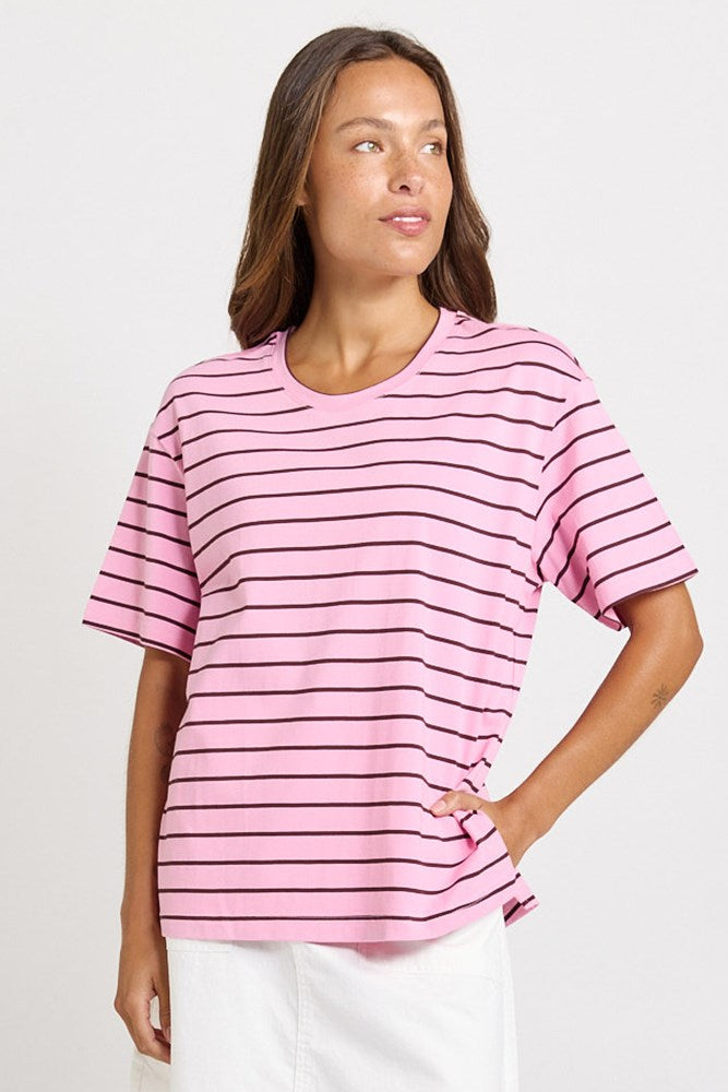 Image of T-Shirts. Product name - Relax Boxy Tee in Pink/Chocolate Stripe colour by brand - Betty Basics
