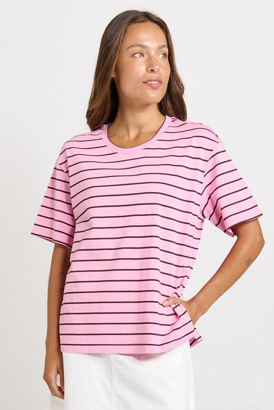 Image of T-Shirts. Product name - Relax Boxy Tee in Pink/Chocolate Stripe colour by brand - Betty Basics