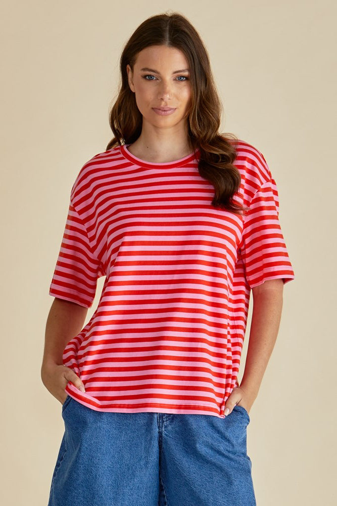 Image of a model wearing Tops. Productname: Betty Basics Relax Boxy Tee Pink/Red Stripe in Pink/Red Stripe colour by brand - Betty Basics