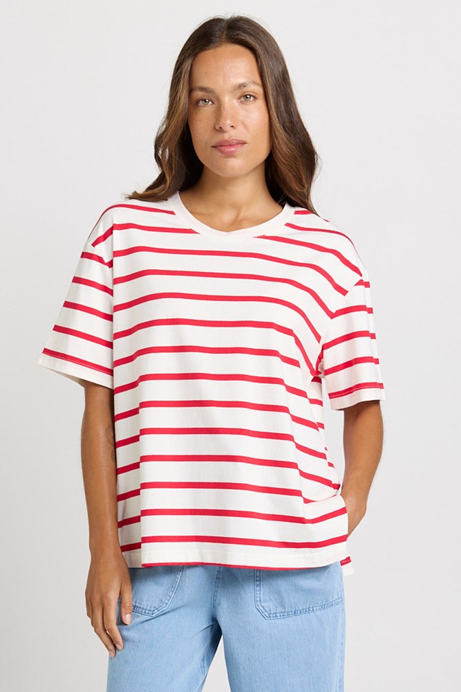 Image of T-Shirts. Product name - Relax Boxy Tee in Red/White Stripe colour by brand - Betty Basics